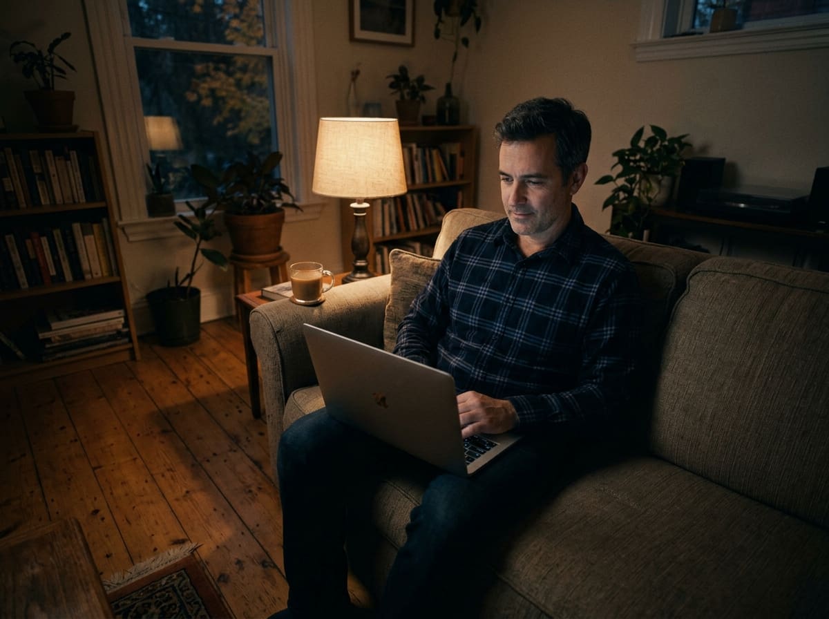 A man on his sofa in the evening with a laptop and a mug beside him