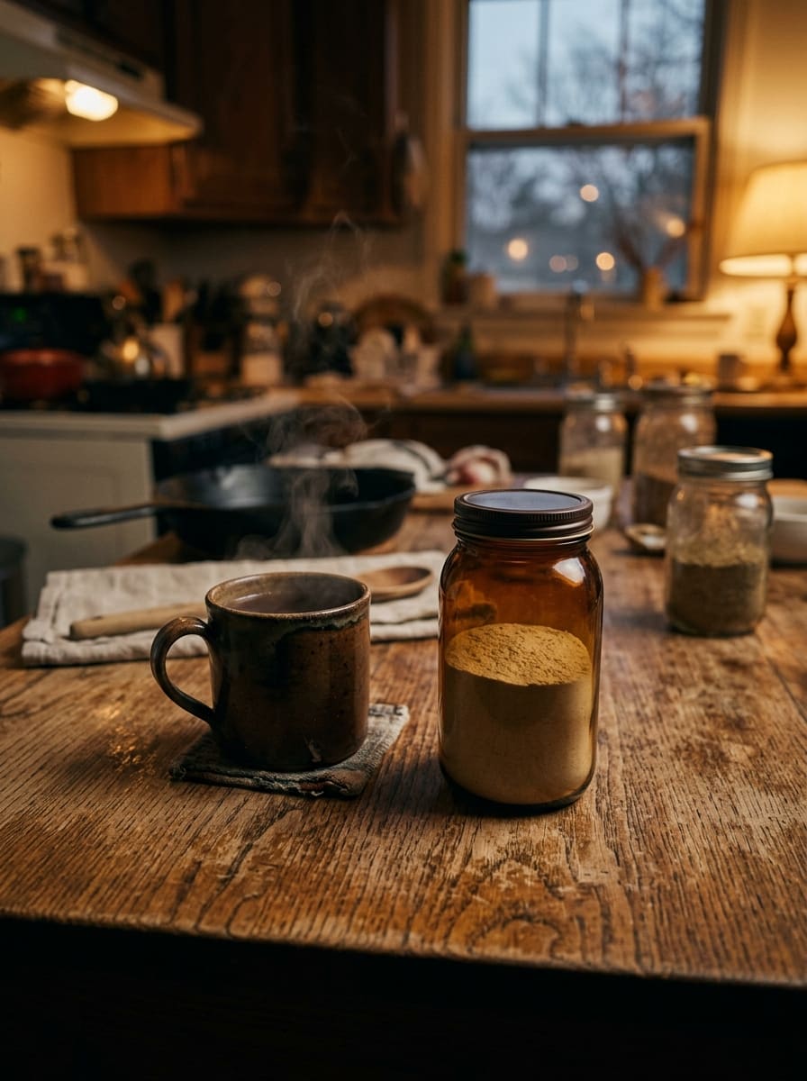 A plain amber jar of powder beside a steaming mug on a wooden table