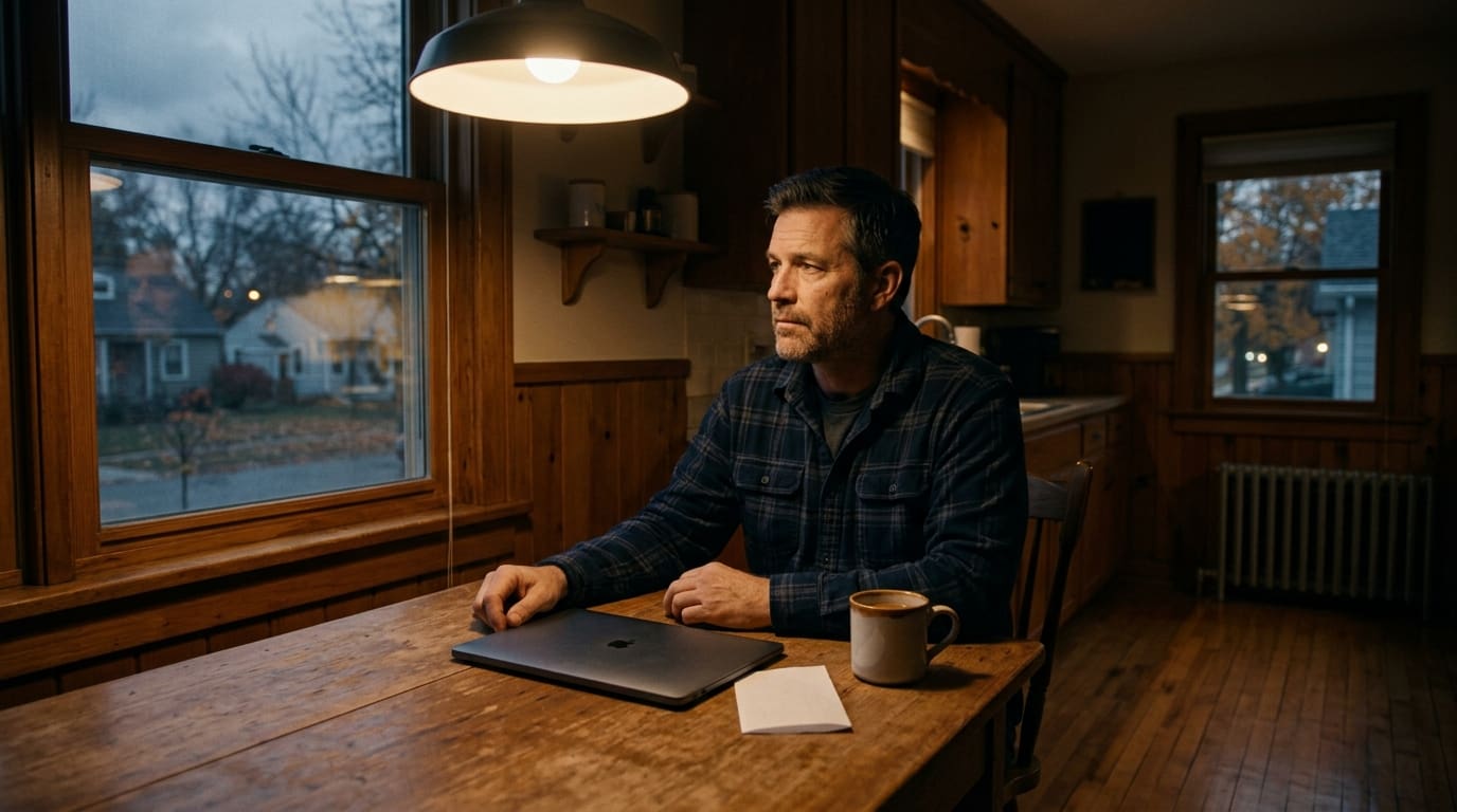 A man at his kitchen table in the evening with a folded slip of paper, a closed laptop and a mug