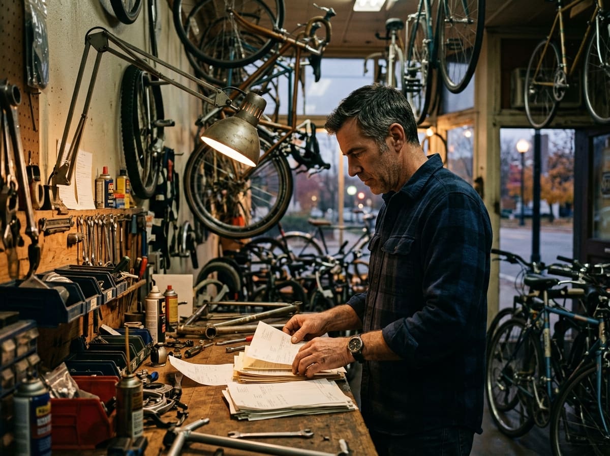 A man sorting paper invoices on a workbench in his small bicycle workshop